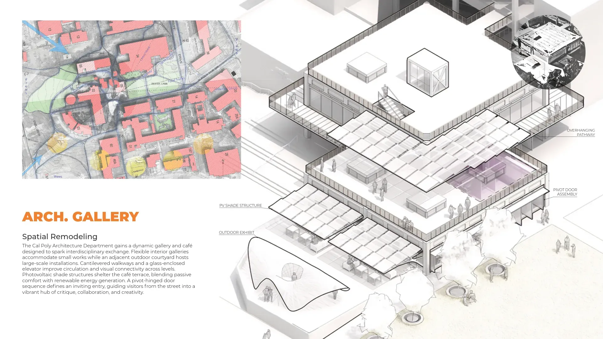 Exploded axonometric of the Arch. Gallery showing the PV shade structure, outdoor exhibit, overhanging pathway and pivot door assembly, with a campus site plan