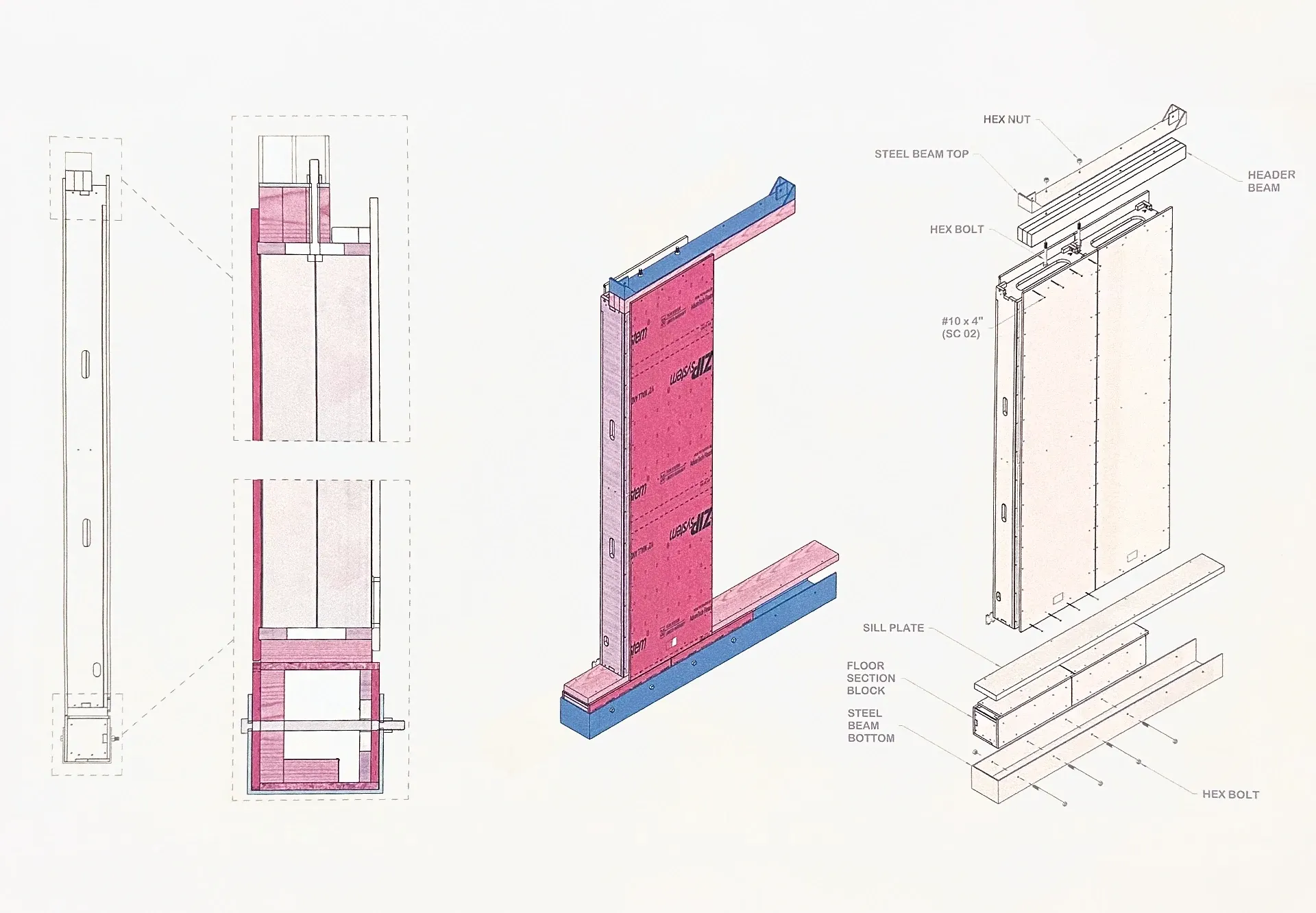 Construction document: a wall panel in the ICC-ES cyclic test rig: elevation and two enlarged sections at left, an isometric of the panel on its sill and header beams, and an exploded axonometric calling out the hex bolts, sill plate, floor section block and steel beams