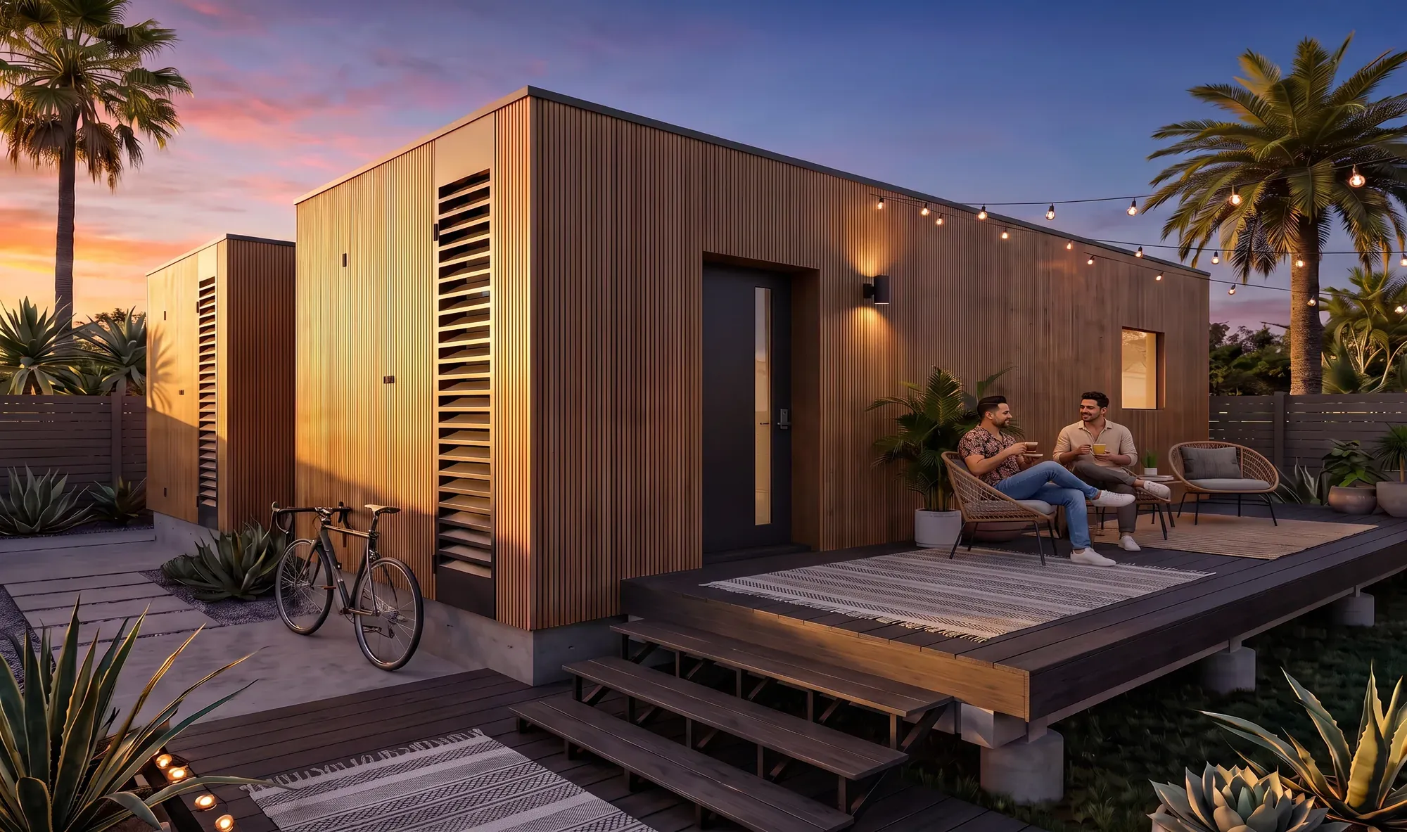 The entry side of a GroveHaus unit at dusk: vertical timber cladding, a louvred service bay, string lights over a raised deck where two people sit talking