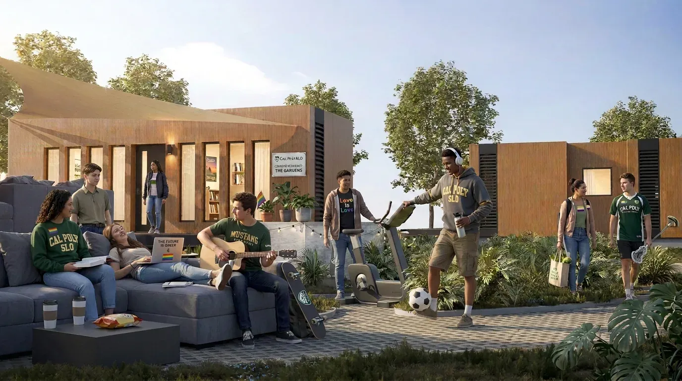 Students sitting and talking in a shared courtyard between clustered GroveHaus units