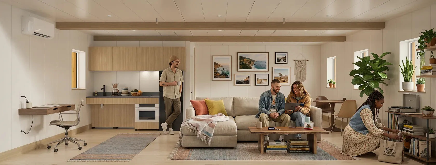 Interior of a GroveHaus unit: panelised walls and ceiling, a kitchen run along one side, a living area with a sofa, and a wall-mounted desk at the far end. The figure plays a walkthrough of the same room as built, unfurnished.