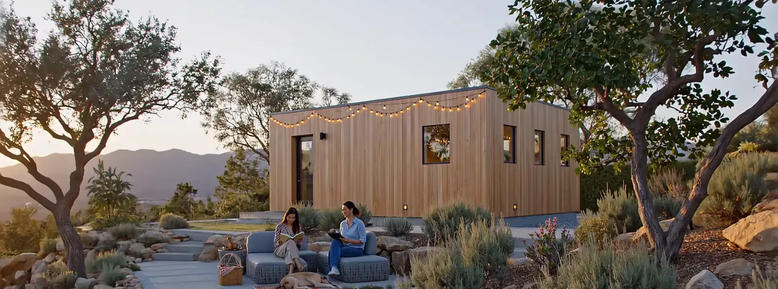 A single GroveHaus unit at dusk in a California hillside garden, two people sitting on the patio under string lights