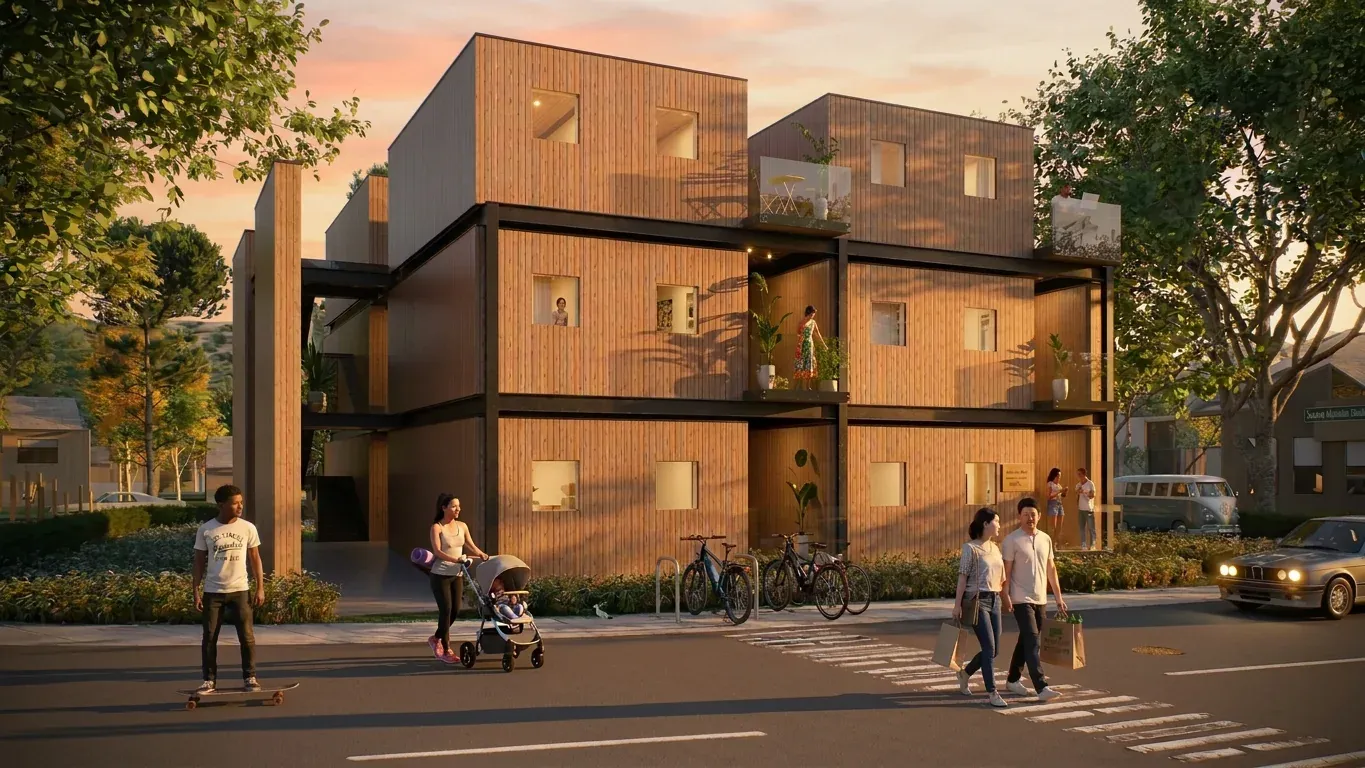 Three-storey stack of GroveHaus modules on a street corner at dusk, people walking past on the pavement