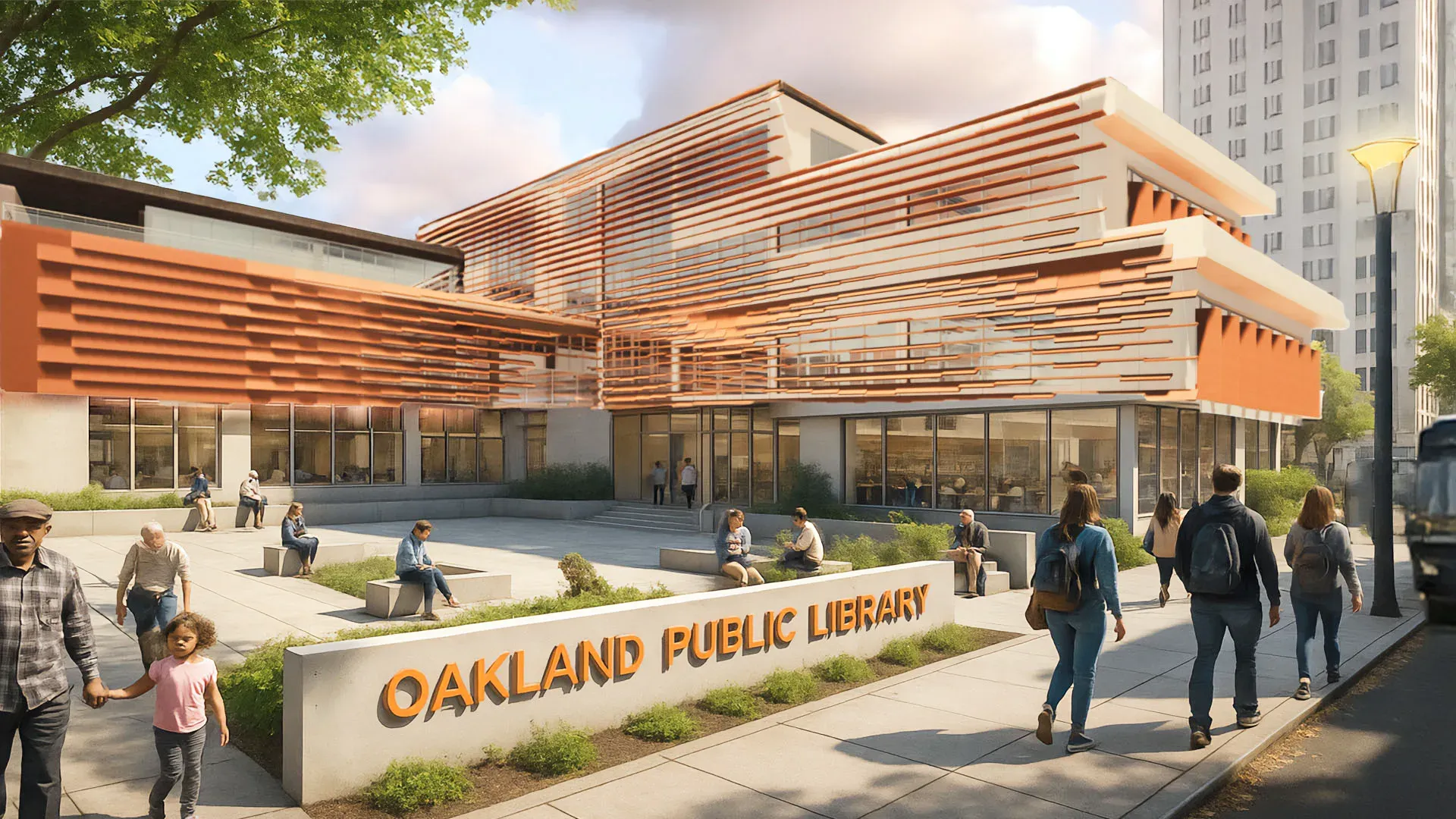 Street-level render of the Oakland Public Library, its orange horizontal louver facade wrapping a glazed ground floor