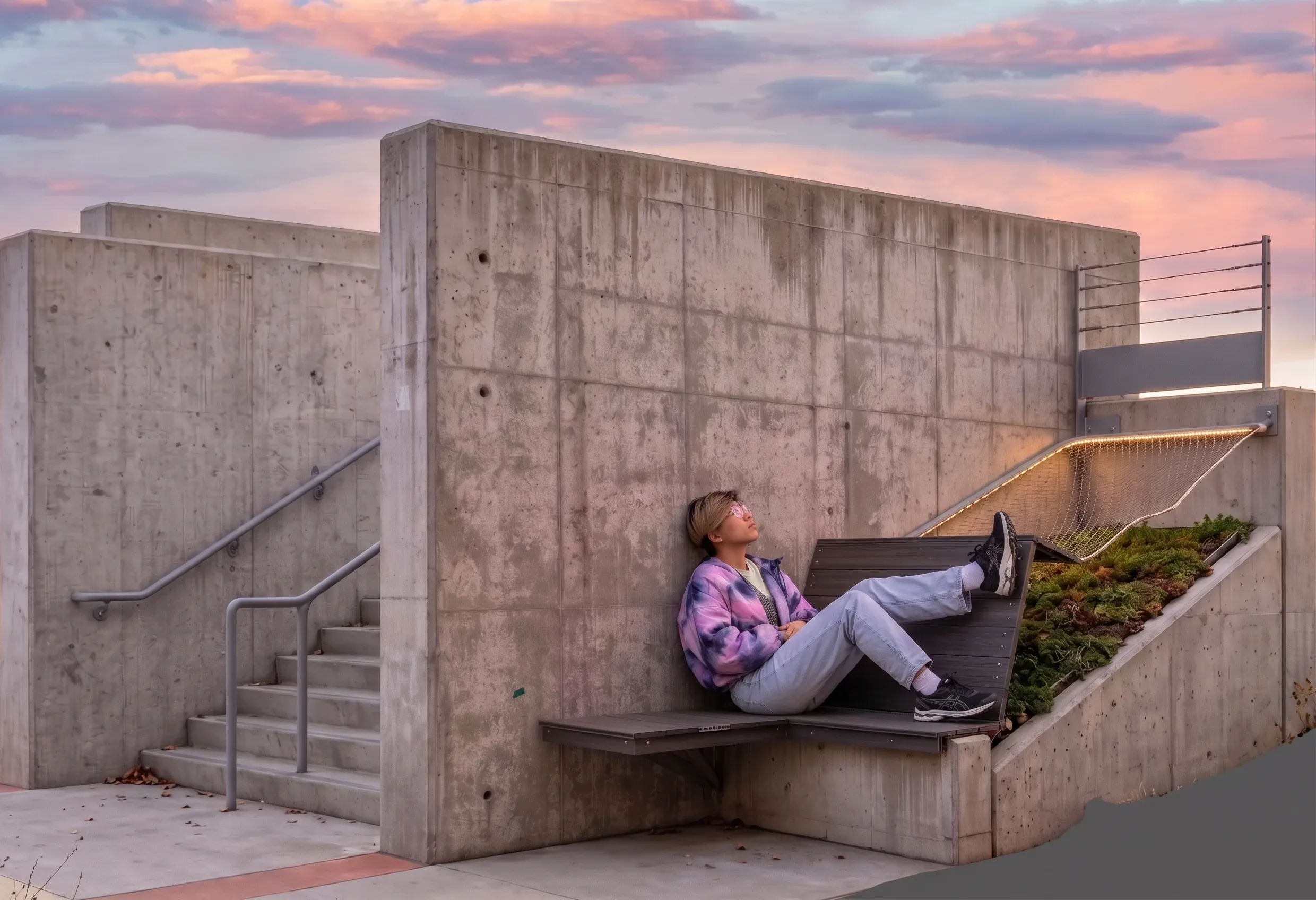 A student reclining on the built bench with their feet up on the deck, the rope net lit from below behind them and the planted strip running down the raking edge of the stair