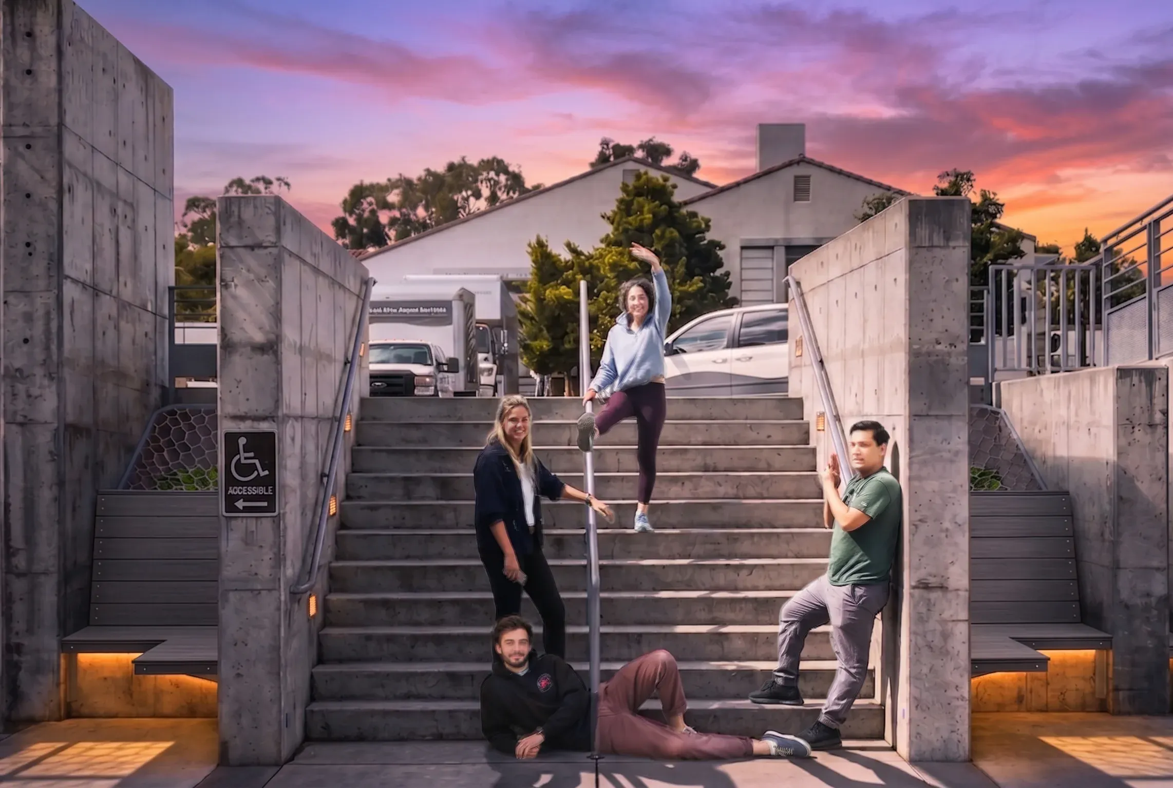 The built stair at dusk with four students on it, one balancing against the handrail, a bench worked into the pocket on each side and lit from beneath