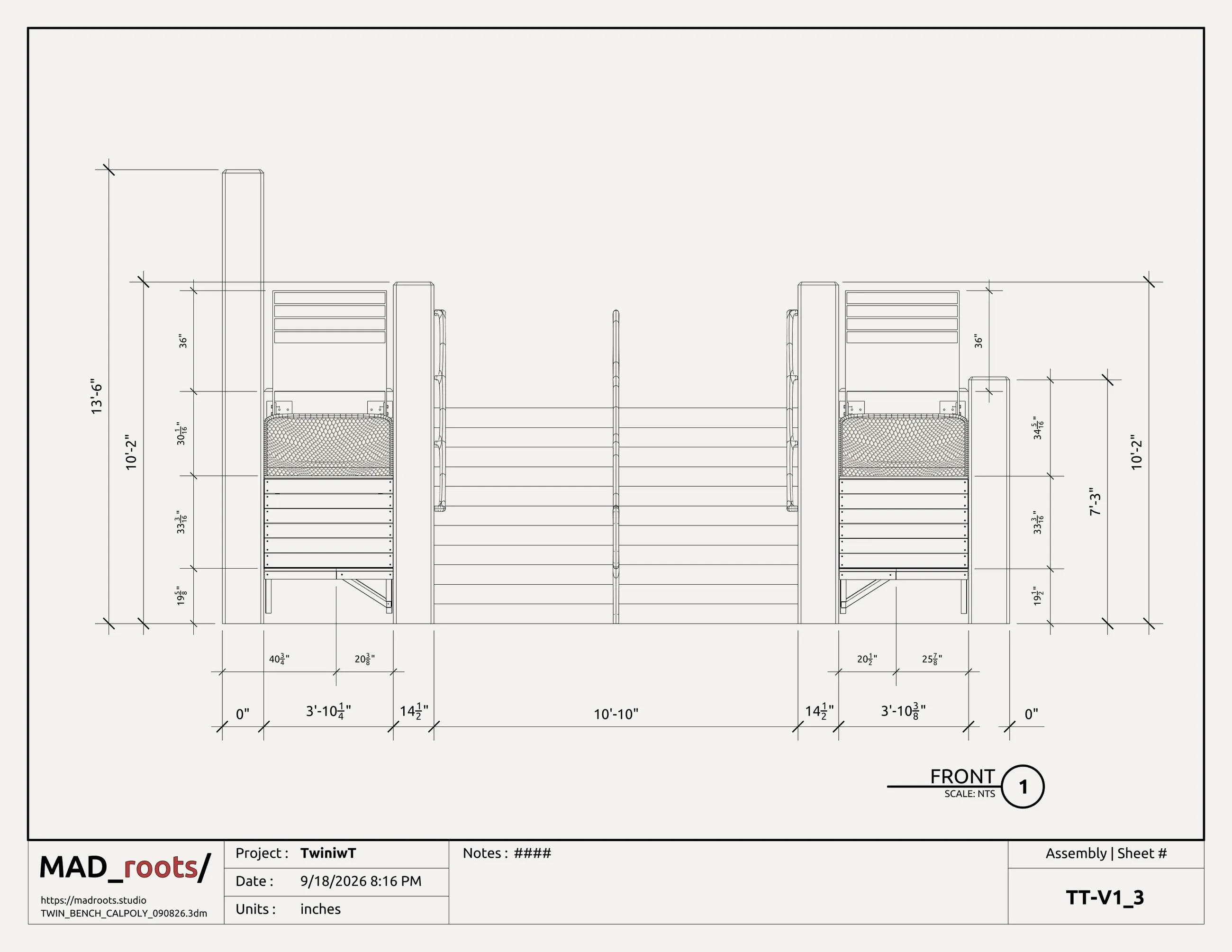 Front elevation of the pair looking at the stair, the concrete walls 10 ft 2 in tall inside a 13 ft 6 in overall dimension, seat backs at 36 in and the deck at about 33 in above each pocket floor