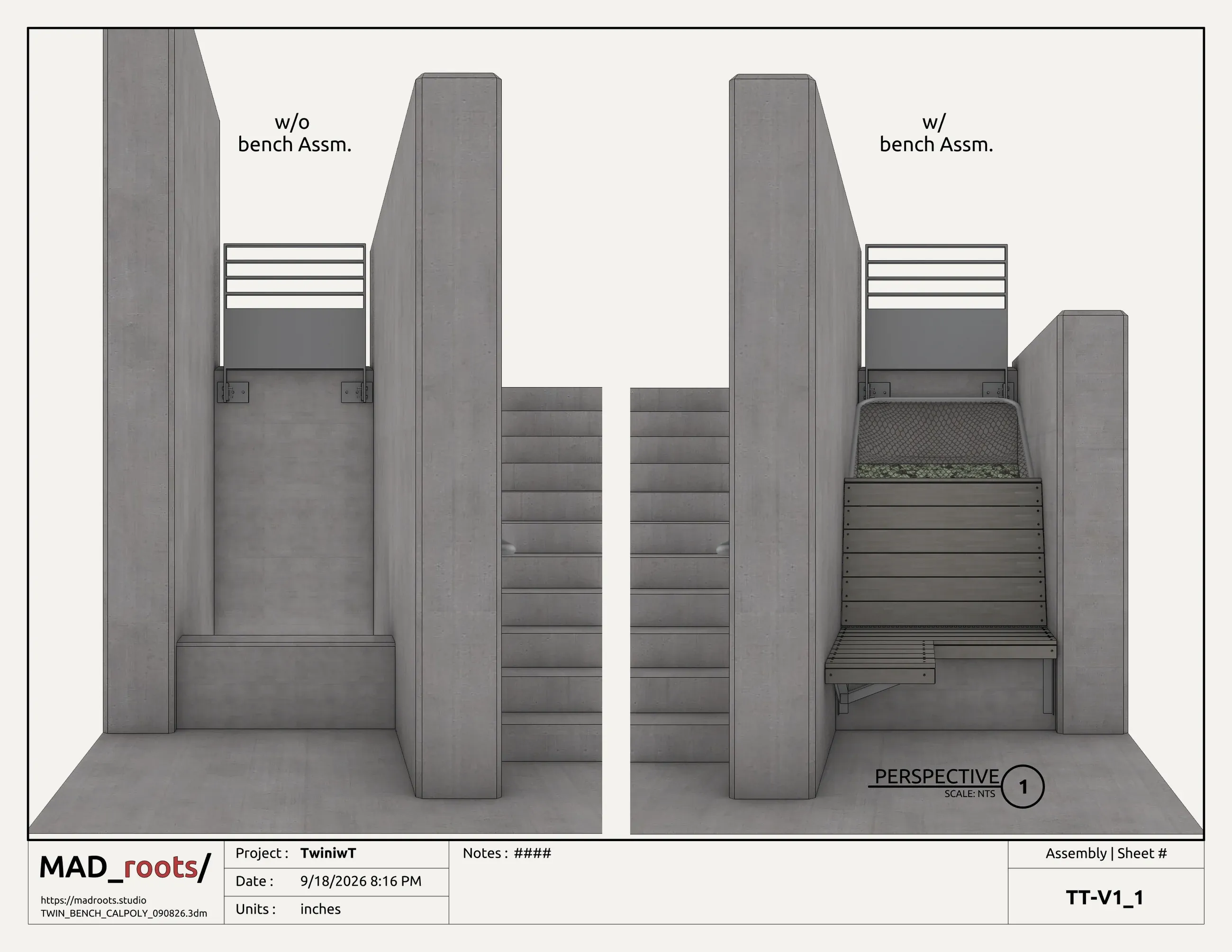 Paired perspective of one pocket, the concrete either side of the stair shown first empty and then with the bench worked in, the seat deck stepping up to the netted back between the two walls