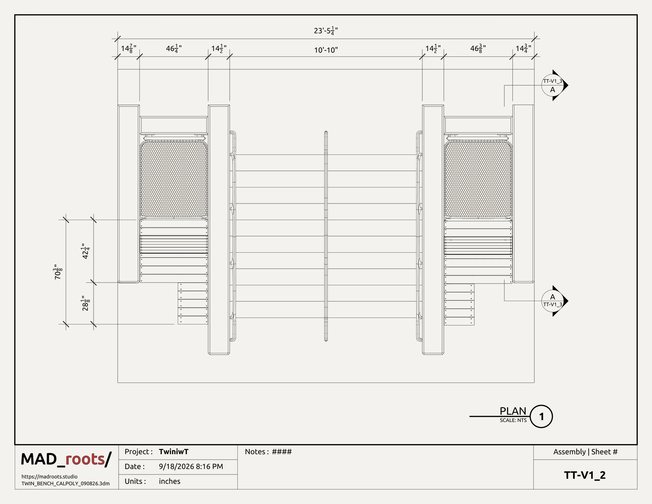 Plan of both benches either side of the stair, 23 ft 5 1/4 in overall with 10 ft 10 in of stair between them, each seat pocket about 46 in wide, section A cutting through the right-hand bench