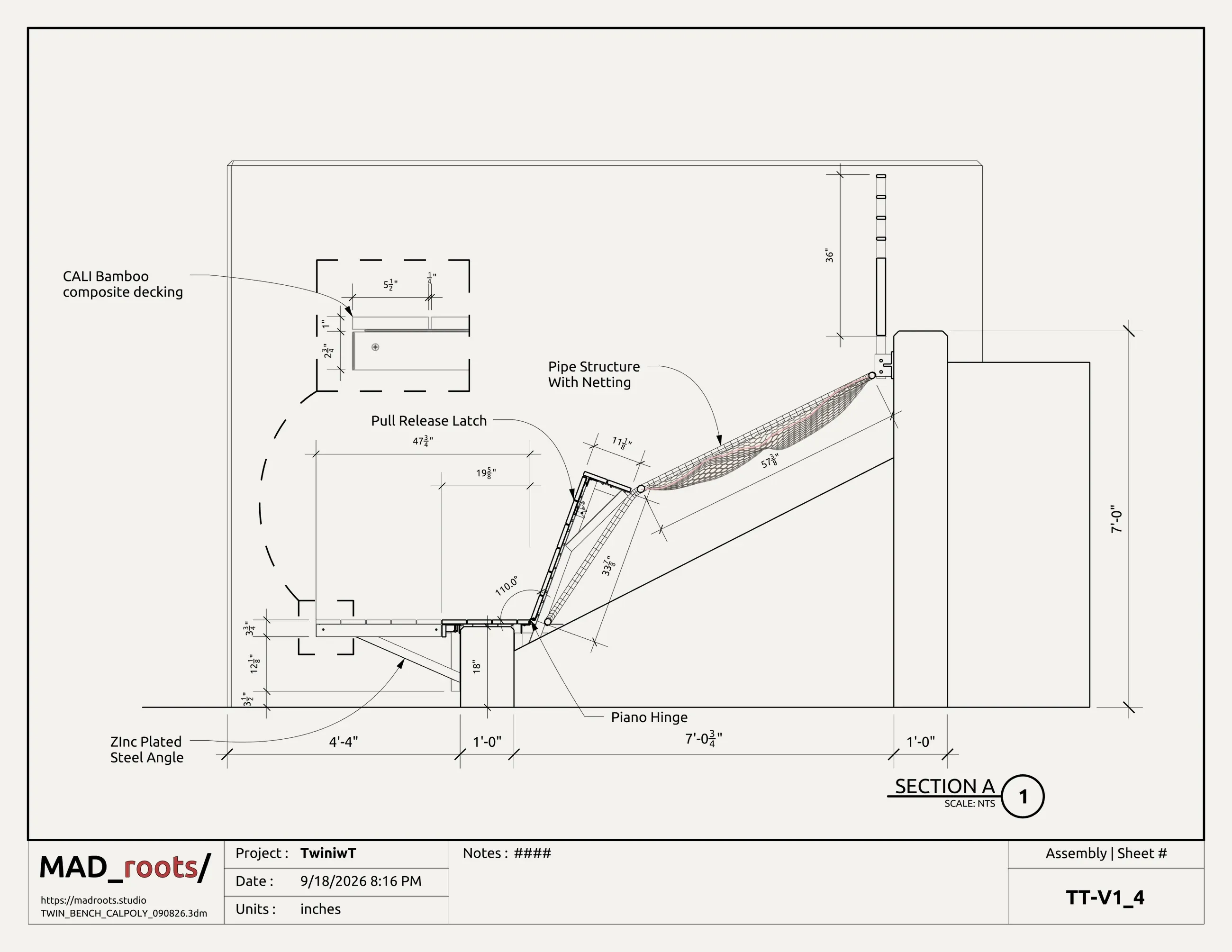 Section through one bench with the seat swung up on its piano hinge to 110 degrees, callouts naming the CALI Bamboo composite decking, the zinc plated steel angle and the pull release latch, the deck detail drawn separately above